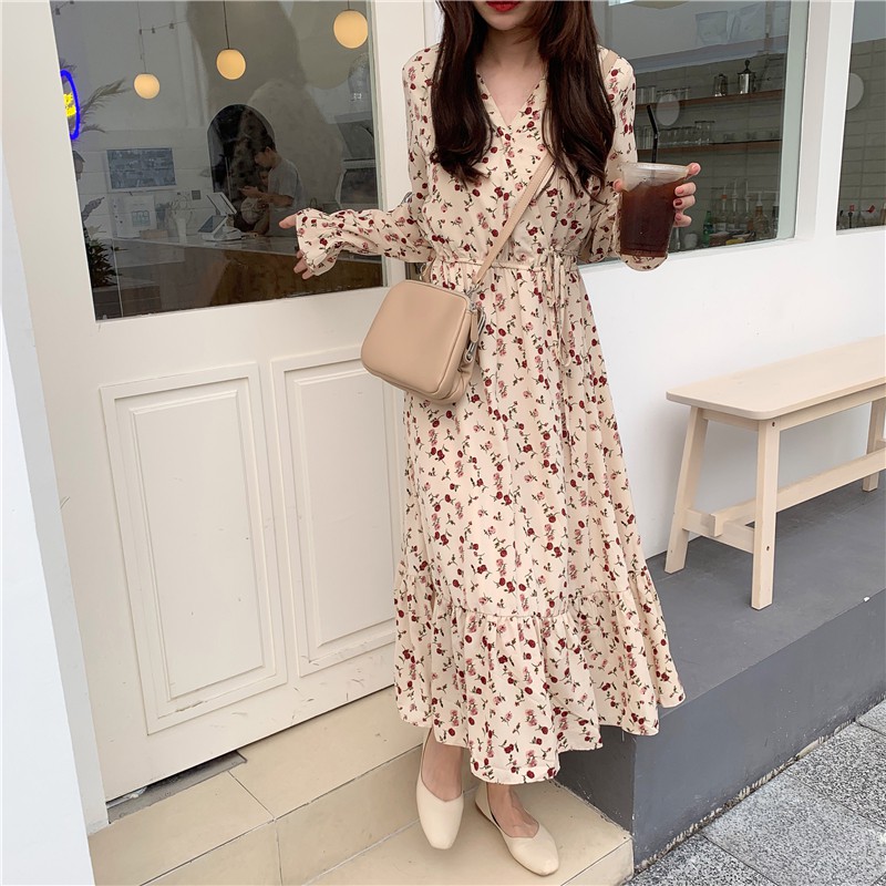 Đầm maxi voan hoa vintage cột eo D068