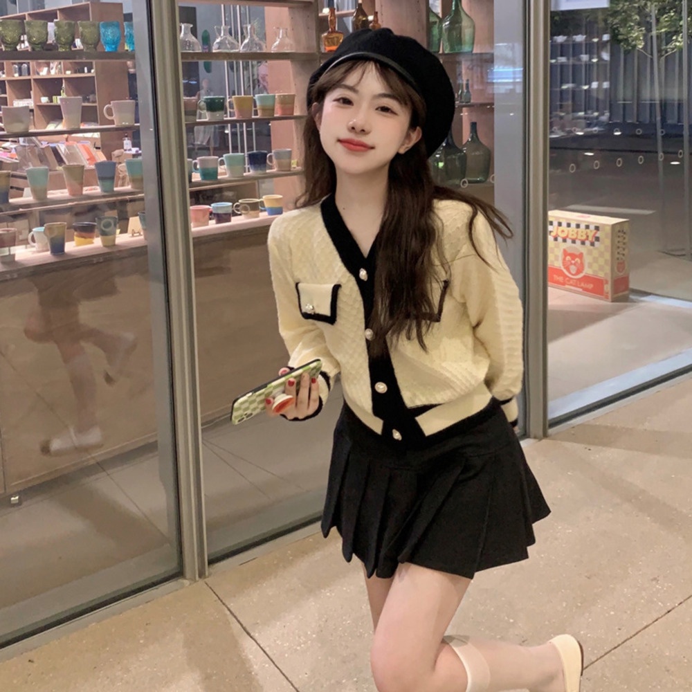 Áo Nịt Dệt Kim 179263Đầm Cổ Chữ V Đính Nút Ngọc Trai Màu Trắng Phong Cách Retro