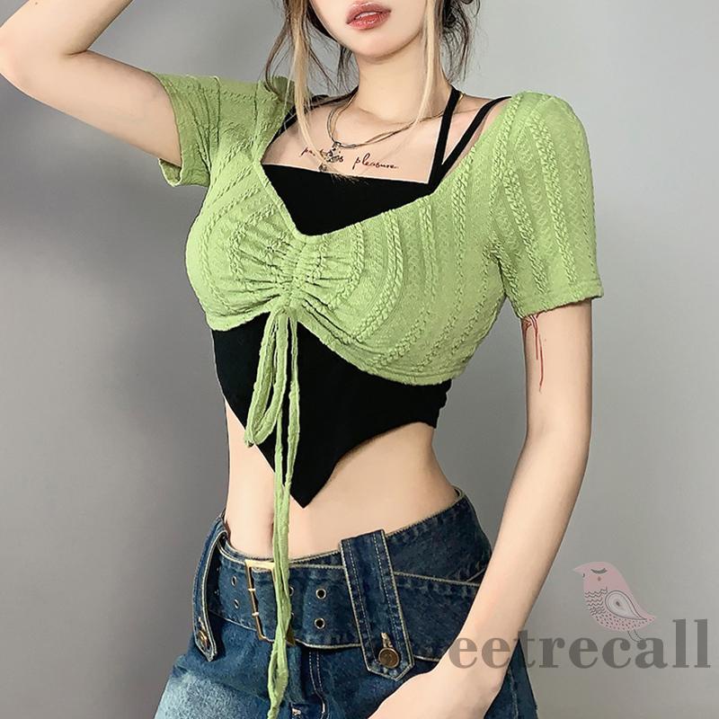 Set Áo Croptop Hai Dây + Áo Sơ Mi Tay Ngắn Màu Xanh Lá Phối Dây Rút Thời Trang Dành Cho Nữ