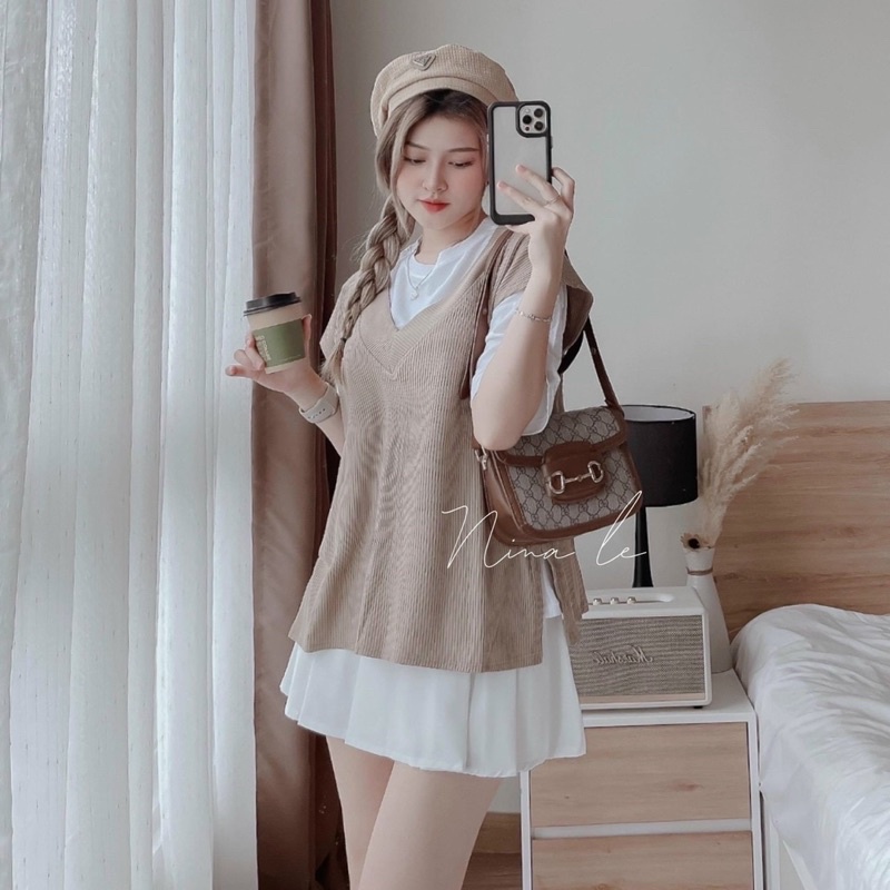 Sét váy thời trang nữ mặc đi chơi áo cotton mix chân váy xếp ly tuyết mưa kèm áo gile gân