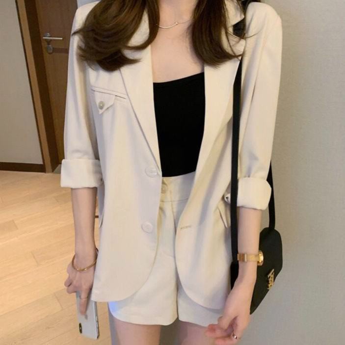 [free gift] Set áo khoác blazer và quần short ống rộng phong cách Hàn Quốc thanh lịch cho nữ