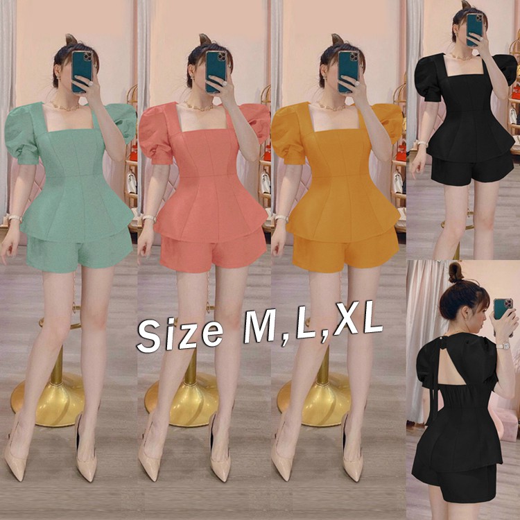 Set quần short áo cổ vuông khoét lưng thắt nơ xinh xắn