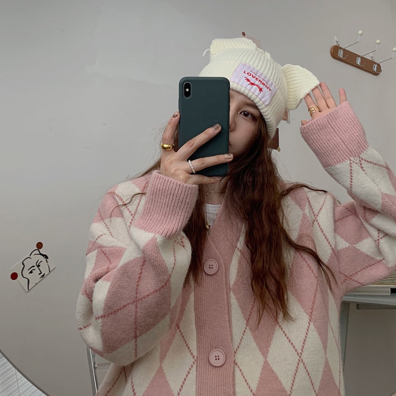 Áo khoác cardigan dệt kim dáng rộng họa tiết kim vương thời trang thu đông cho nữ