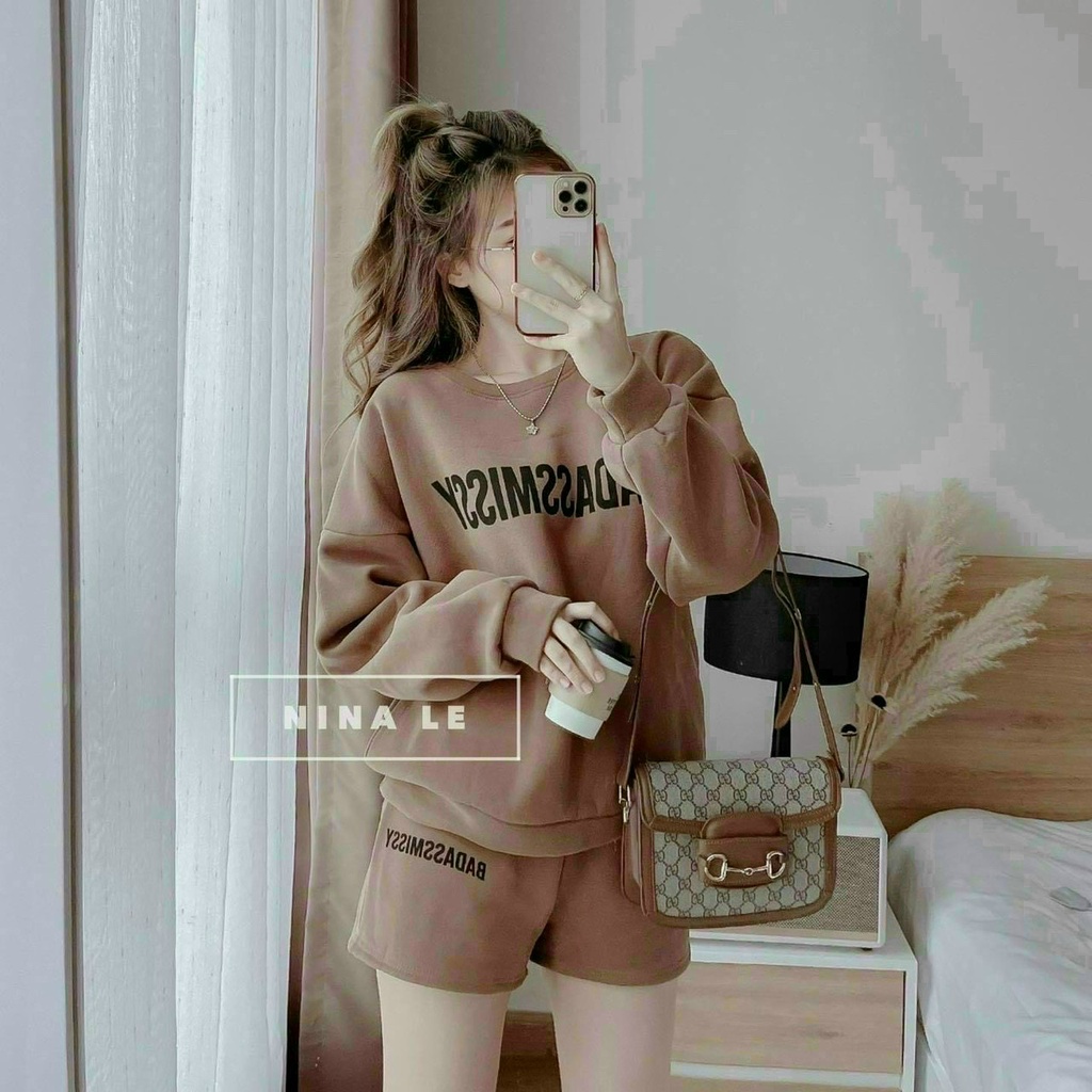 (Freeship)Bộ nỉ tay dài,bộ nữ in chữ nổi cực xinh,quần có túi thiết kế trẻ trung năng động,hàng chuẩn loại 1