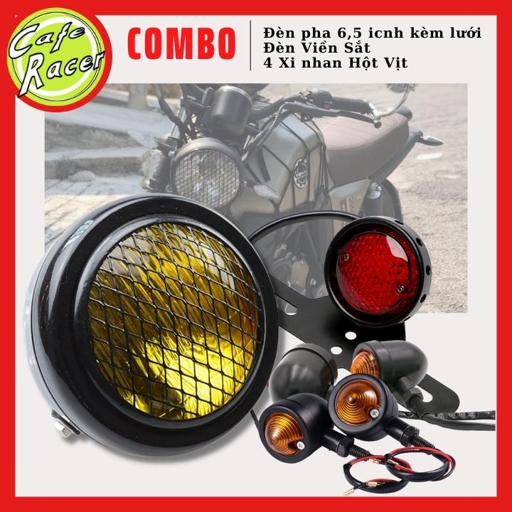 Combo đèn pha lưới 6,5icnh gáo sắt kính vàng cùng đèn hậu lưới và 4 xi nhanh lưới độ xe CAFE RACER