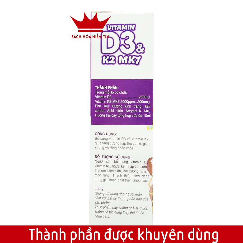 Vitamin D3 K2 Mk7 dạng nhỏ giọt tiện dụng giúp bé hấp thụ canxi tăng trưởng chiều cao, nhanh mọc răng- Lọ 10ml | Thế Giới Skin Care