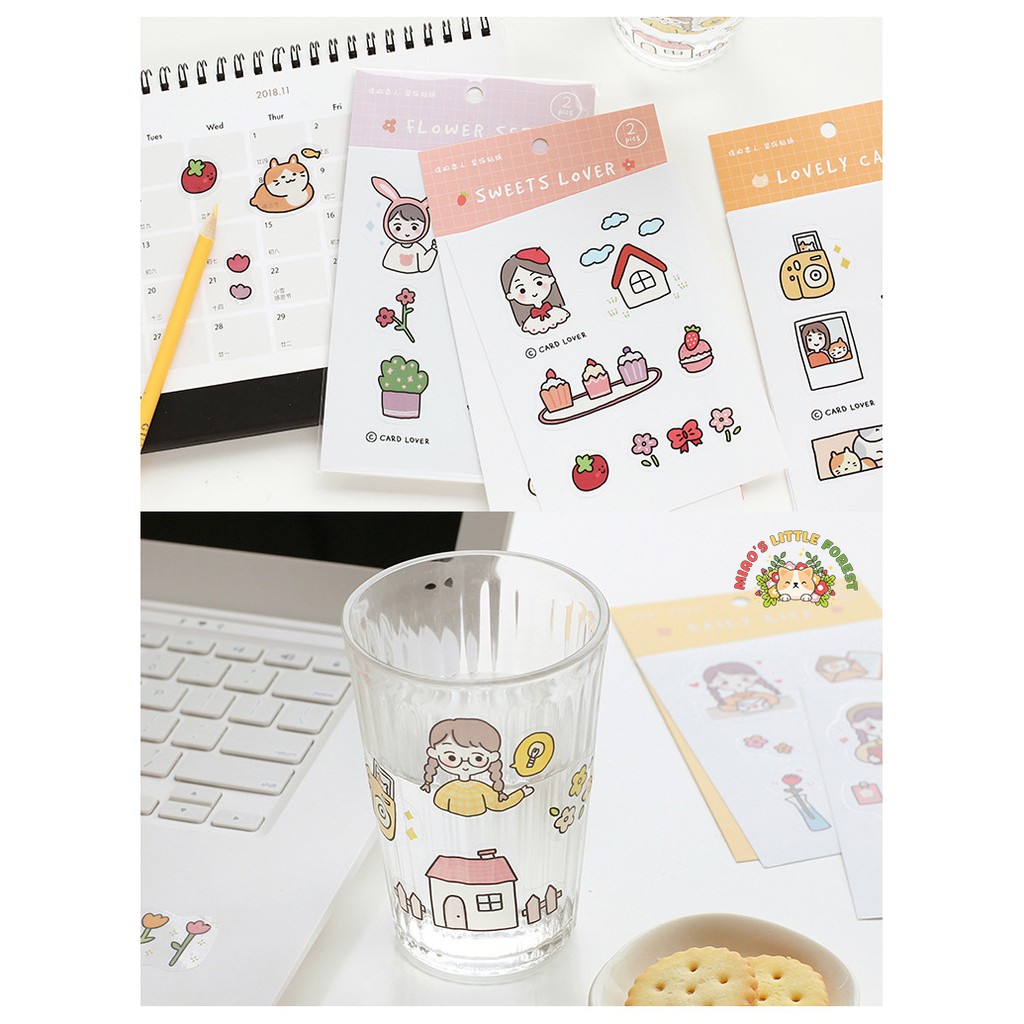 Sticker hoạt hình MIAO'S LITTLE FOREST set 2 tấm sticker nền trong Cute Character trang trí sổ tay bullet journal MST237