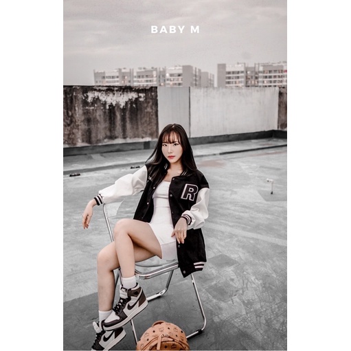 Áo bóng chày bomber đen đỏ xanh cặp đôi thu đông Baby M