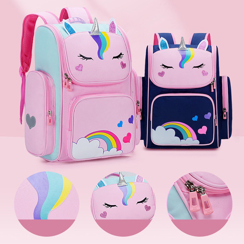 Balo học sinh cho bé gái đi học, chống gù lưng, siêu nhẹ. hình unicorn cute ngộ nghĩnh, có phản quang - Lado shop
