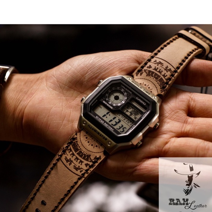 Dây Casio AE 1200 da bò vegtan Italia Trống Đồng Việt Nam RAM Leather - tặng khóa chốt và cây thay dây