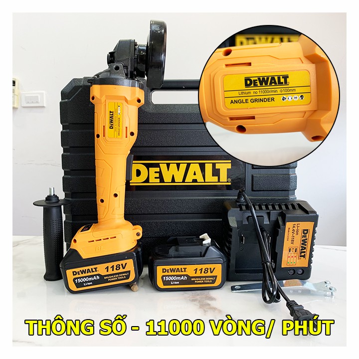 Máy Mài Pin DEWALT 118V Cao Cấp - Động Cơ Ko Chổi Than - Có Điều Chỉnh Vòng Tua - Tặng Kèm Đá Mài, Đá Căt