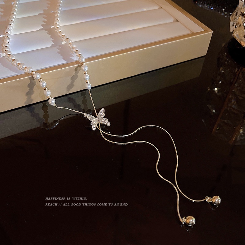 Vòng cổ Dài Mặt Hình Bướm Đính Ngọc Trai Thời Trang