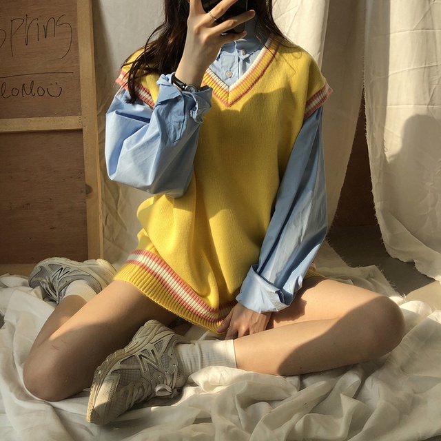 Áo len gile mác ngực bốn màu phong cách hàn quốc mùa thu 2021 ulzzang vintage kozoda M66 | BigBuy360 - bigbuy360.vn