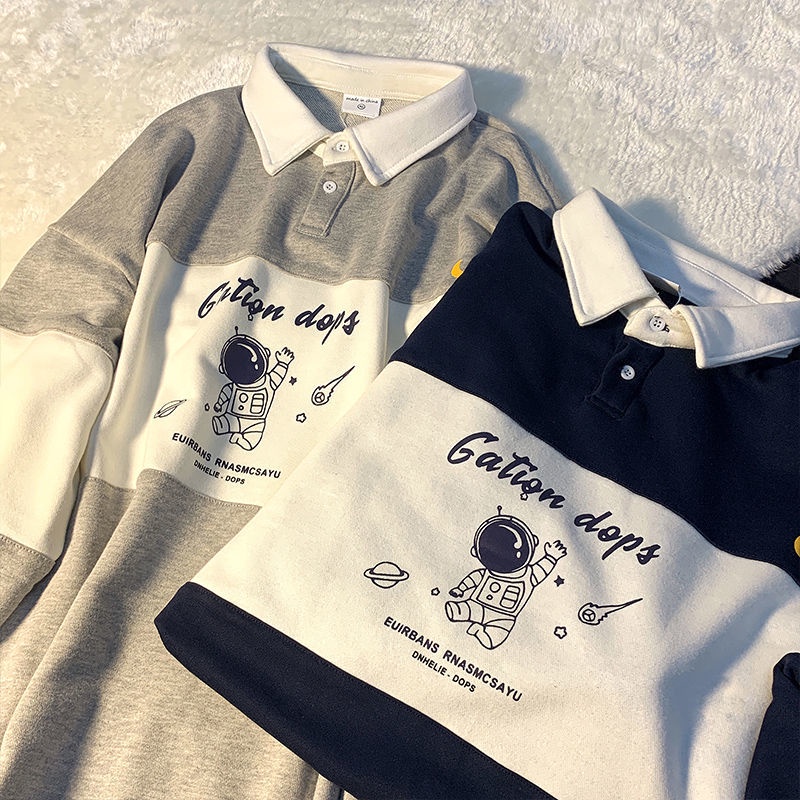 Áo thun cổ polo tay dài dáng rộng in chữ và hình thời trang mùa thu cho nữ