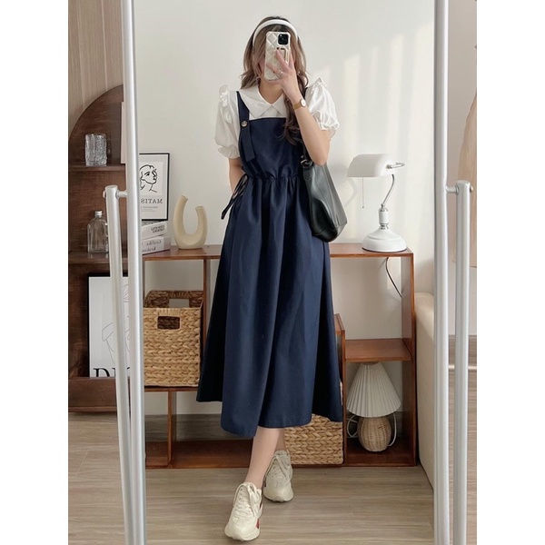 Set yếm vitage rút eo kèm áo sơmi trắng tay bèo