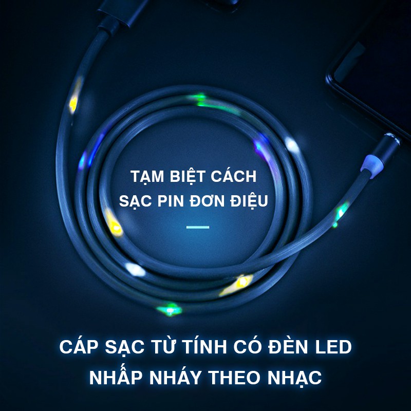 Cáp sạc từ tính Cát Thái có đèn LED nhiều màu sắc nhấp nháy theo âm nhạc, 1 dây 3 đầu sạc Micro/Lightning/Type-C