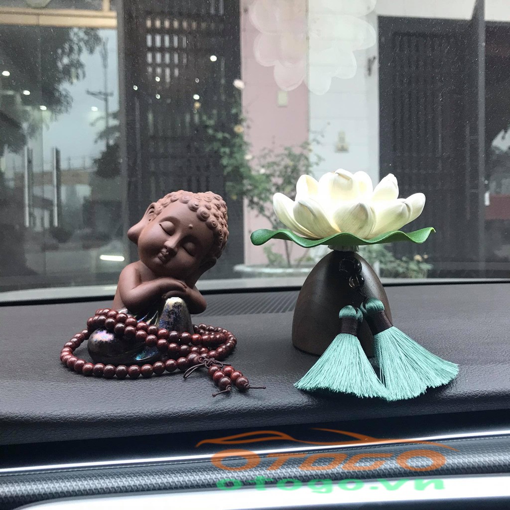 Set Tượng Phật Gốm Mix cùng Mộc Liên Hoa, Trang Trí Taplo ô tô, Tượng Phật Để Taplo