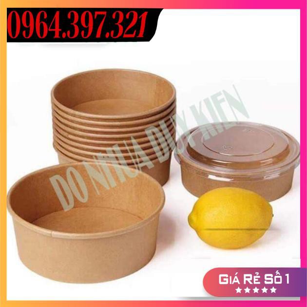 Sỉ Combo 50 Tô Giấy Kraft Màu Nâu Nắp Mờ Size 750ml Hoặc 1000ml Dùng Để Đựng Đồ Nóng Cháo Phở Hoặc Bánh Đồ Ăn Các Loại