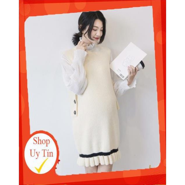 ( MẪU MỚI ) ✅ Váy len suông dành cho mẹ bầu mùa đông pha tay voan phù hợp cả khi đi làm, đi chơi B54