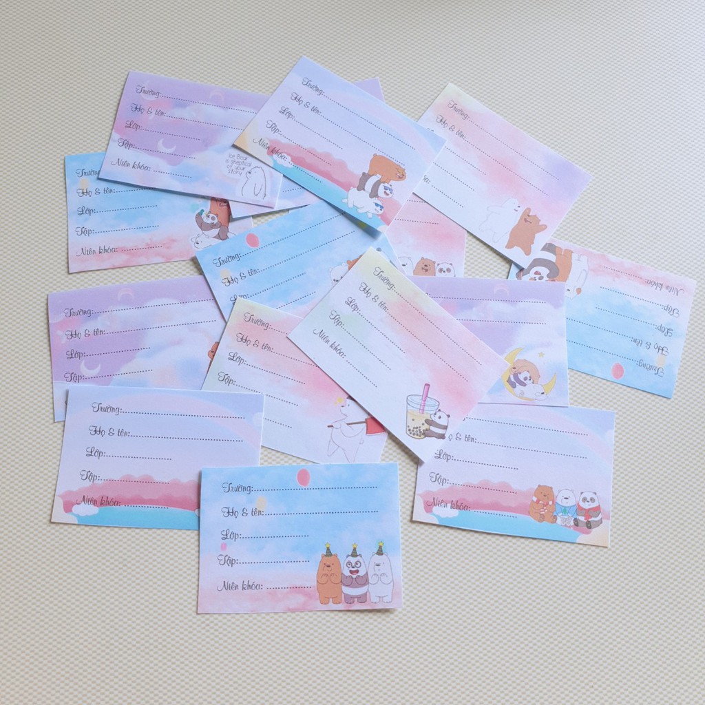 Set 16  nhãn vở hoạt hình Bare Bear, Doraemon, thỏ molang, pokemon (nhãn vở học sinh theo yêu cầu)