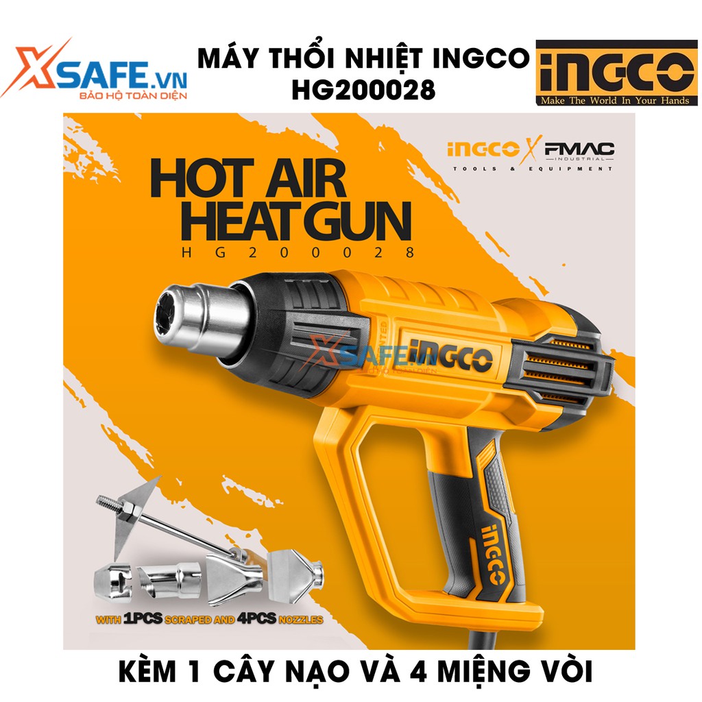 Máy thổi nhiệt INGCO HG200028 kèm theo 1 cây nạo/cào và 4 miệng vòi, công suất 2000W, nhiệt độ 380°C/570°C