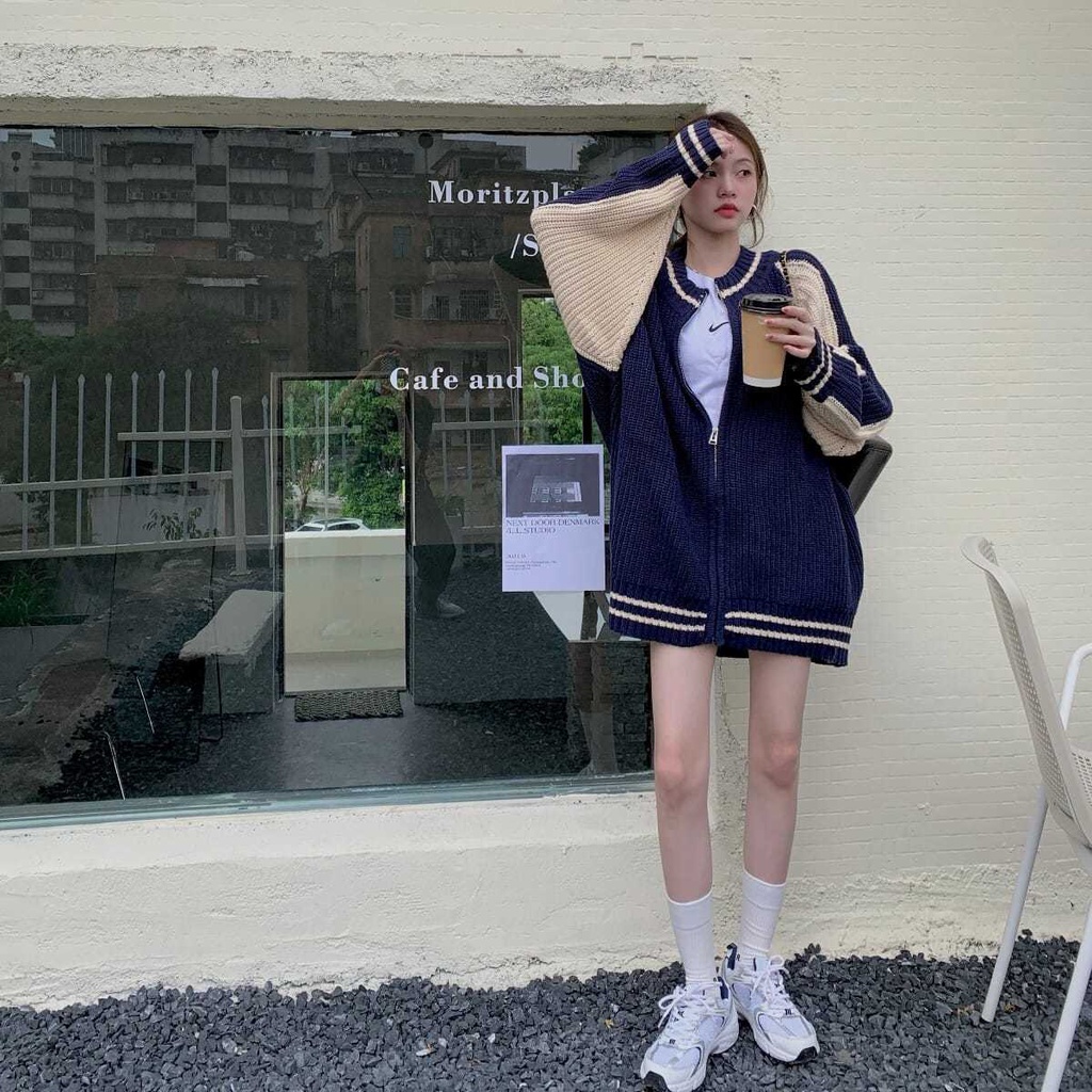 Áo Khoác Sweater Mỏng Tay Dài Màu Sắc Tương Phản Phong Cách Retro Nhật Bản Dành Cho Nữ