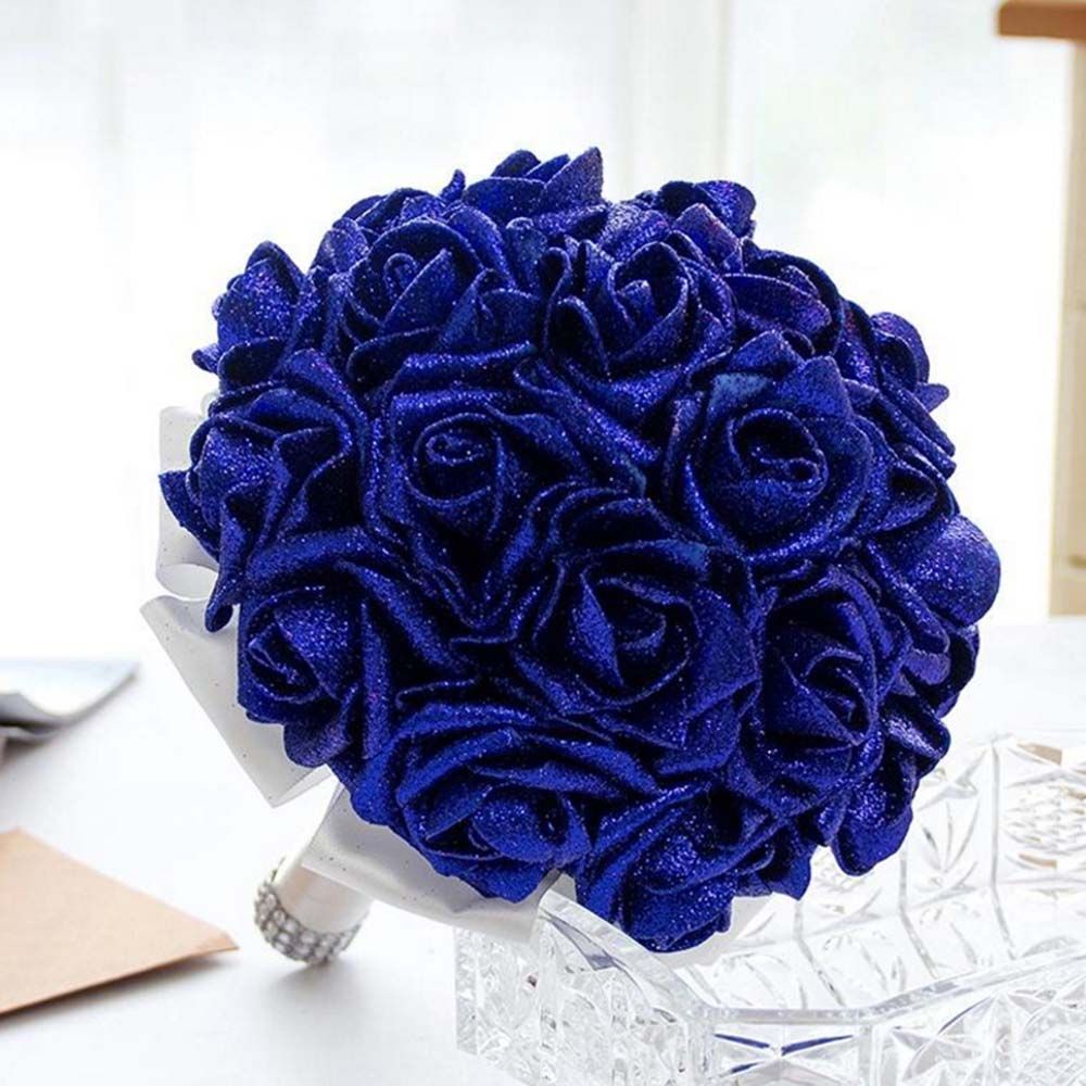 Set 10 hoa hồng giả 6cm màu xanh dương lấp lánh dùng để trang trí tiệc cưới