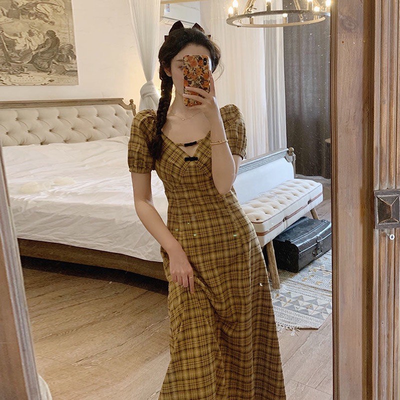 Váy kẻ vàng cổ v đính nơ tay bồng dáng suông dài vintage cổ điển [Ảnh thật 4-9]