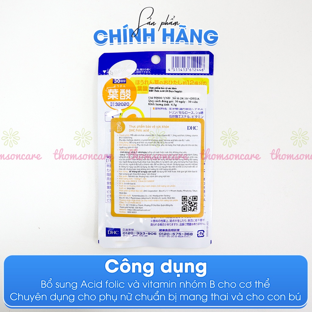 DHC Folic Acid - Bổ sung Vitamin, Axit Folic 400ug 0.4mg cho bà bầu của nhật trước và sau khi sinh - Từ DHC Nhật Bản