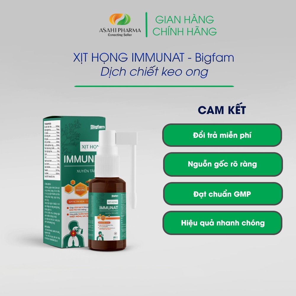 Xịt họng IMMUNAT Xuyên Tâm Liên Bigfam - Ngăn ngừa vi khuẩn, giảm các triệu chứng viêm đường hô hấp, giảm rát họng(30ml)