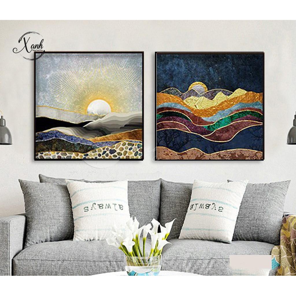 Bộ 2 tranh trang trí trừu tượng phong cách Châu Âu 50x50 cm gồm khung