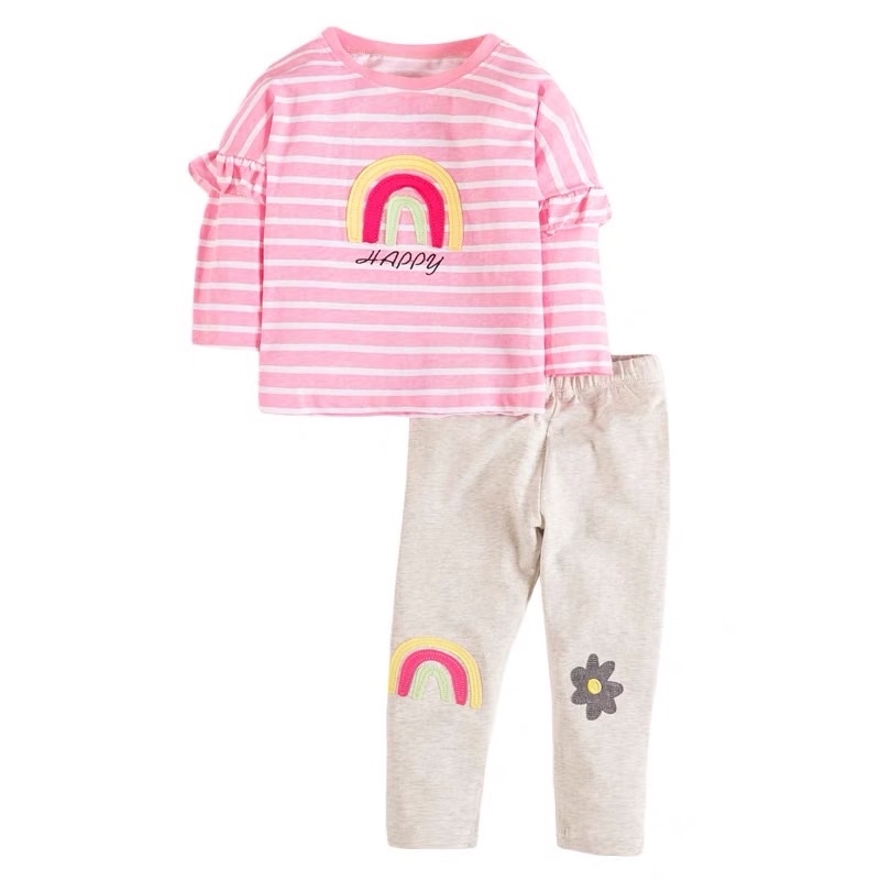 Bộ cotton dài tay bé gái Little Maven cầu vồng và thỏ sz 2-7Y