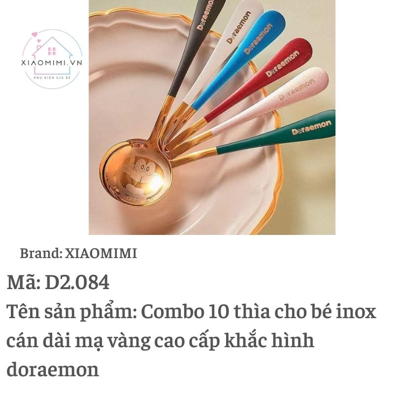 Thìa muỗng cho bé inox cán dài mạ vàng cao cấp hình Doraemon Doremon Xiaomimi dễ thương