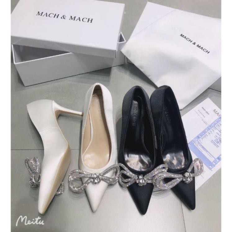 H(ẢNH THẬT) Giày Cưới Cao Gót 9p Nơ Đá Lụa Satin Mềm Êm Không Dốc Fullbox Bill Túi Cao Cấp