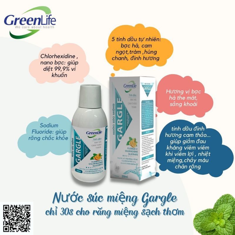 Nước súc miệng GARGLE GreenLife hương tinh dầu Bạc Hà, Cam Thảo, Tràm giúp thơm miệng, chống sâu răng, lọ250ml