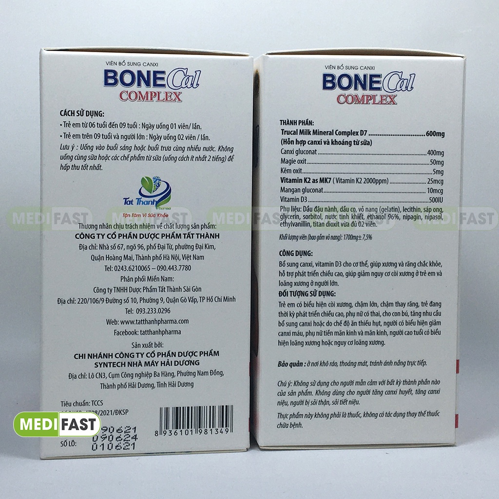 Canxi từ sữa Bone Cal Comlex - Hộp 30 viên - giảm loãng xương, còi xương ở trẻ em và người lớn, có thêm D3 K2