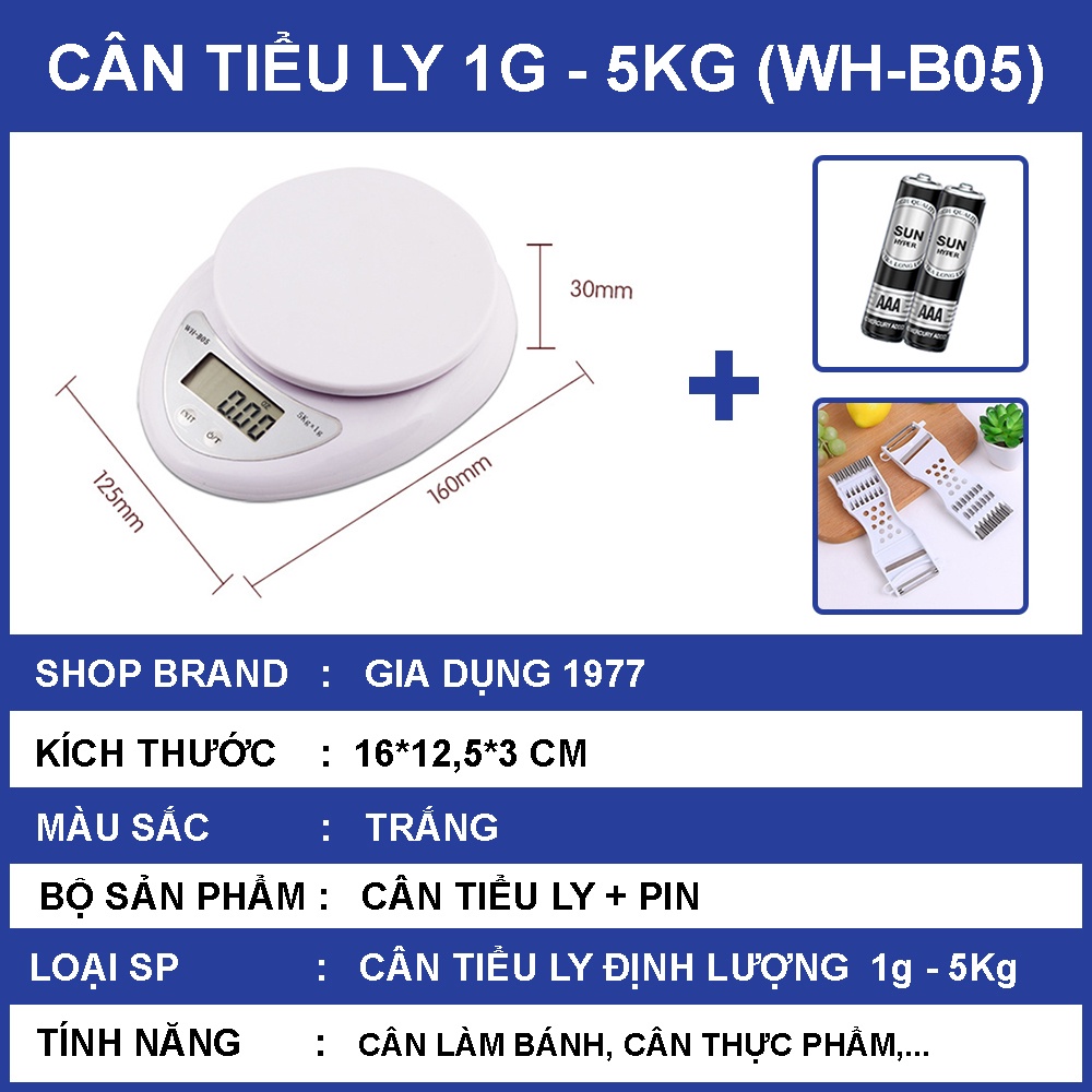 Cân tiểu ly điện tử nhà bếp mini định lượng 1g - 5kg, Cân tiểu ly làm bánh độ chính xác cao kèm 2 viên pin AAA