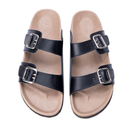 Dép đế trấu nam da bò Steeler, quai ngang 2 lớp Unisex, chống thấm mồ hôi, Trấu khóa 02 đen