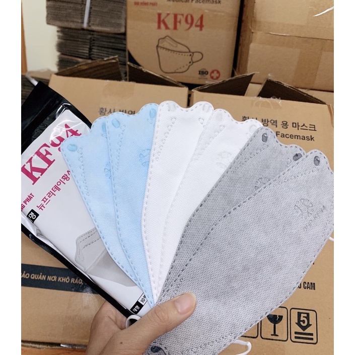 Gói 10c khẩu trang cá KF94 4D kháng khuẩn 4 lớp công nghệ Hàn Quốc chống khói bụi, vi khuẩn, dịch bệnh xanh xám trắng