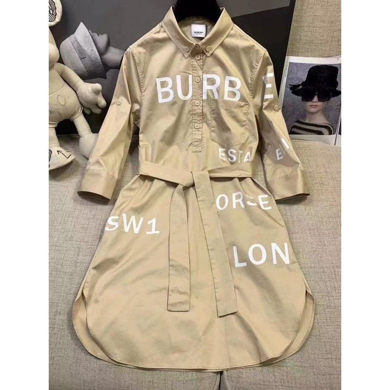 Váy sơ mi dài tay Burberry BBR cao cấp in logo chữ có dây thắt eo sang trọng