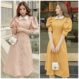 Đầm váy cổ trắng tay phồng 2 màu