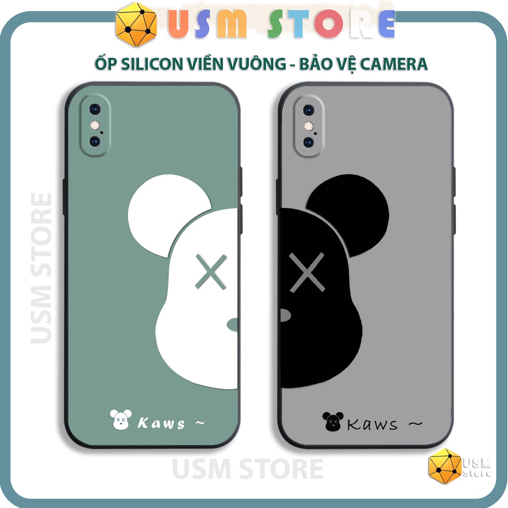 Ốp điện thoại iphone 6/6s/6plus/7plus/8/8plus/X/XS/XSmax/XR viền vuông có cạnh bảo vệ camera, hình gấu Kaws Bearbrick