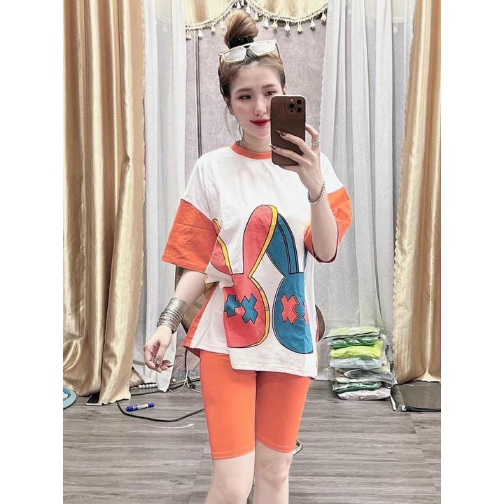 Sét bộ lững thời trang nữ mặc đi chơi chất thun tici in 2 con thỏ mắt X cổ tròn tay ngắn mix quần ngố