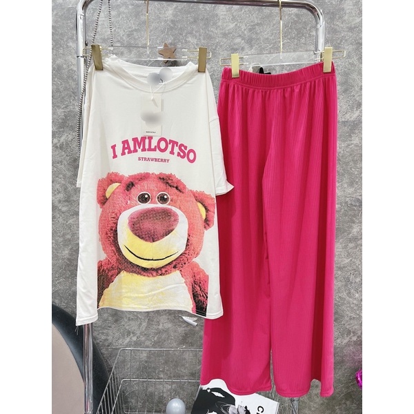 Set áo cotton gấu lotso xinh xắn quần suông hồng hình thật W4