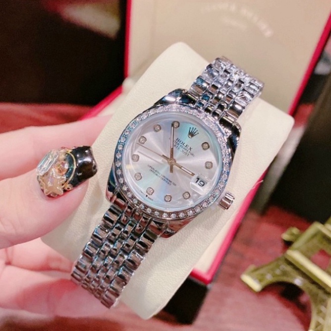 Đồng hồ nữ đẹp Rolex Đeo Tay Dây Thép Không Gỉ Đính Đá Sang Trọng Dây Kim Loại Size 26-30mm