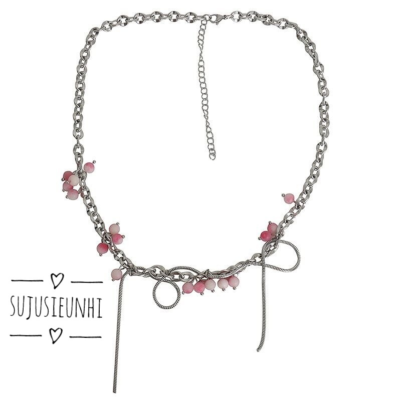 Vòng cổ chùm nho chuỗi ngọc phối xích dạng xoắn uốn lượn cá tính