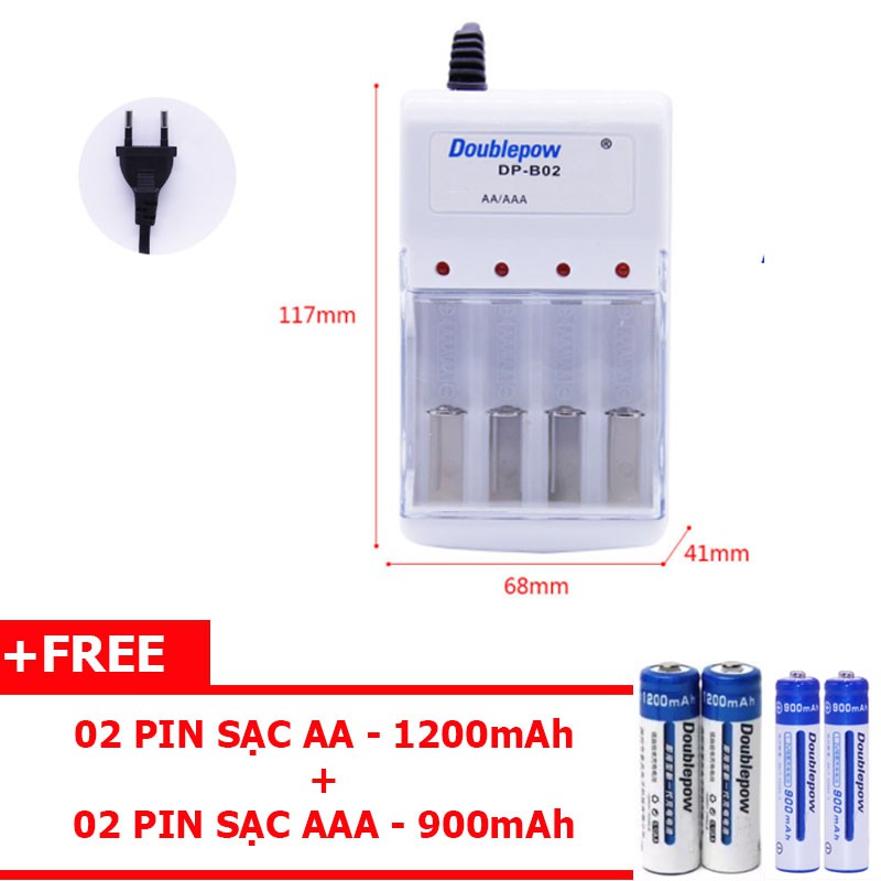 Bộ sạc pin đa năng Doublepow DP-B02 + Tặng kèm 4 viên pin (2 pin tiểu AA 1200mAh và 2 pin đũa AAA 900mAh)