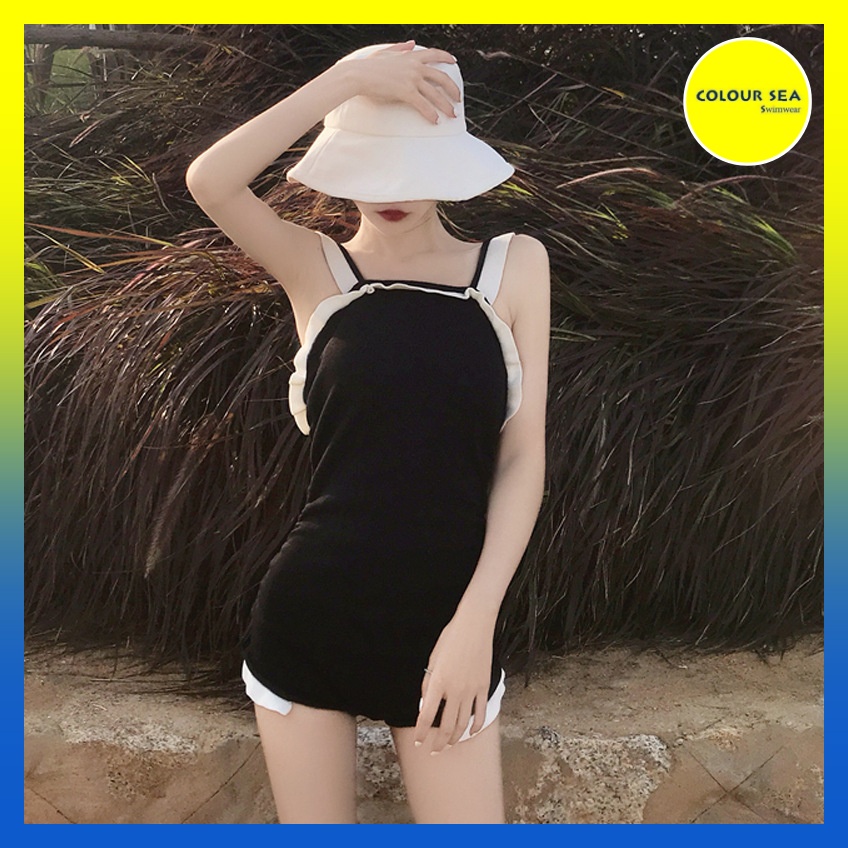 Bikini 1 mảnh liền thân viền trắng kem xếp ly cách điệu | BigBuy360 - bigbuy360.vn