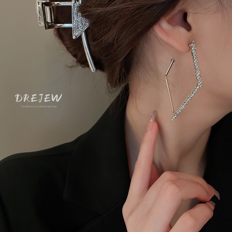 Khuyên tai DREJEW 2 hai lớp đính kim cương giả màu bạc thời trang dễ phối đồ phong cách cá tính