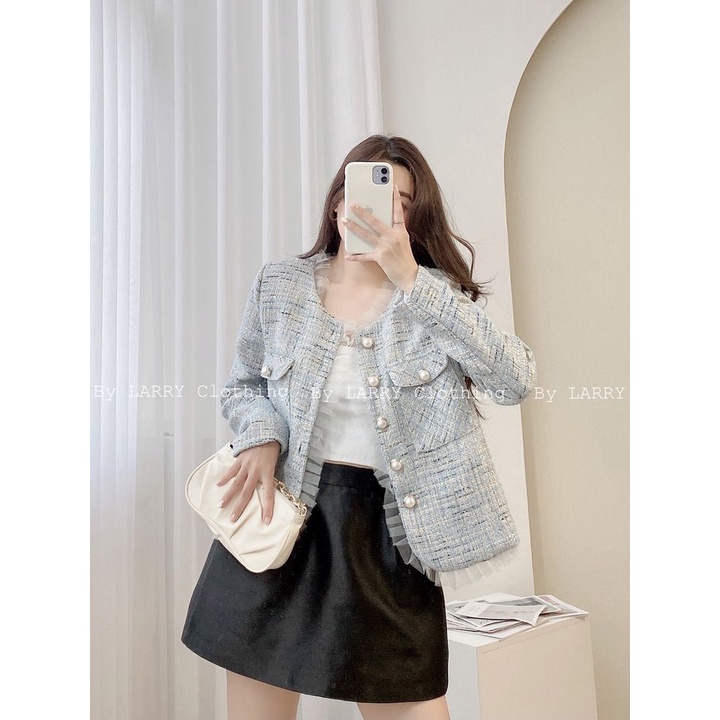 Áo Khoác Dạ Tweed Cao Cấp Gam Màu Mới Hottrend Kem Dải Lụa Khăn Cao Cấp A293 - Larry Clothing | BigBuy360 - bigbuy360.vn